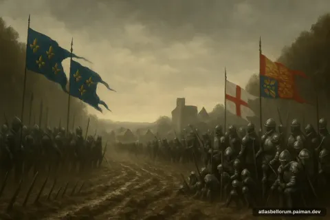 Ilustrasi lanskap medan Pertempuran Agincourt (Abad Pertengahan Tinggi, 1415 M).