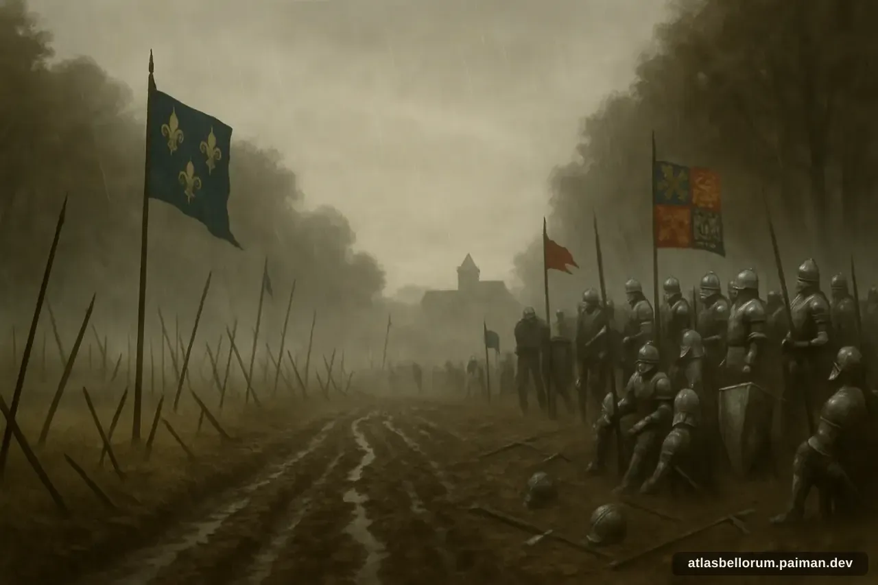 Ilustrasi suasana simbolik terkait Pertempuran Agincourt.