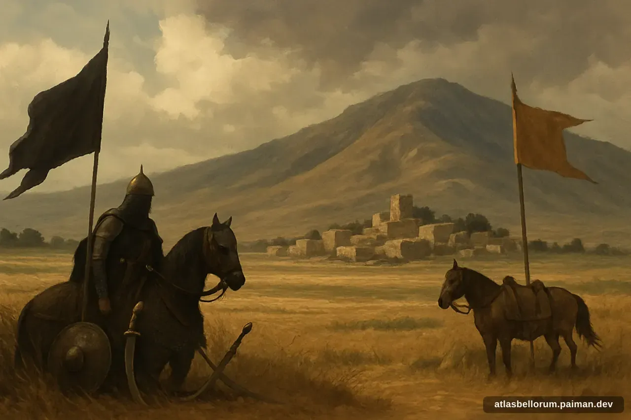 Ilustrasi lanskap medan Pertempuran Ain Jalut (Abad Pertengahan Tinggi, 1260 M).