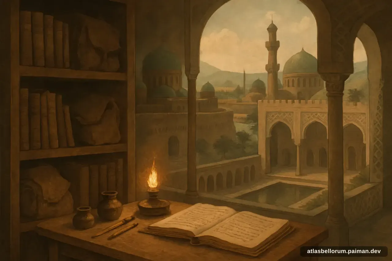 Ilustrasi simbolik Al-Tabari: meja kerja & naskah zamannya.