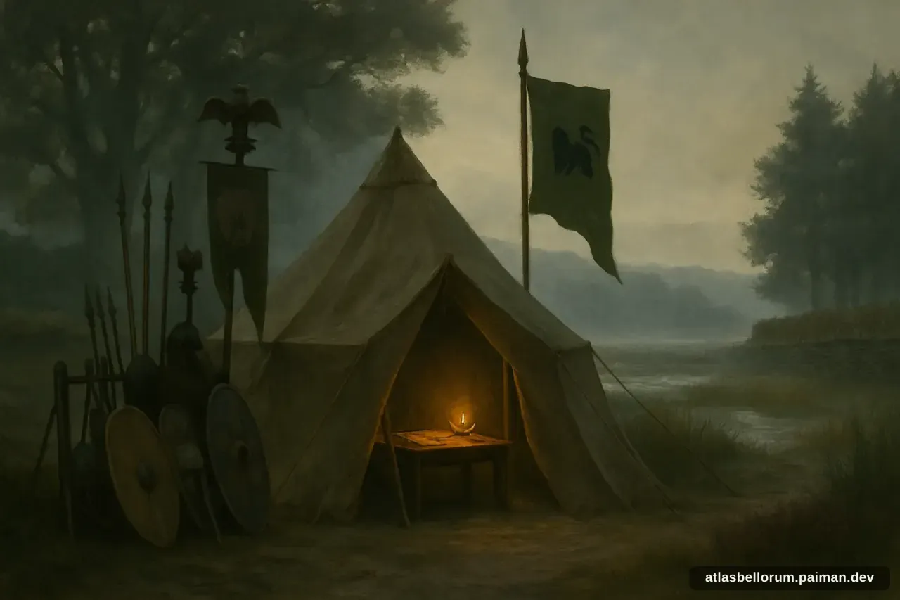Ilustrasi simbolik Arminius: tenda komando & panji zamannya.