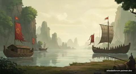 Ilustrasi lanskap medan Pertempuran Sungai Bạch Đằng (Abad Pertengahan Tinggi, 1288 M).