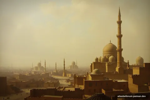 Ilustrasi lanskap medan Pengepungan Baghdad (Abad Pertengahan Tinggi, 1258 M).