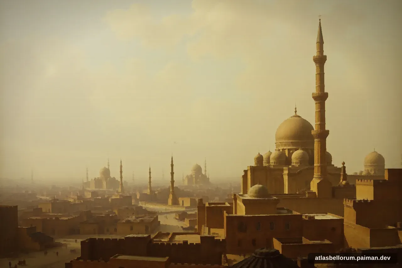 Ilustrasi lanskap medan Pengepungan Baghdad (Abad Pertengahan Tinggi, 1258 M).