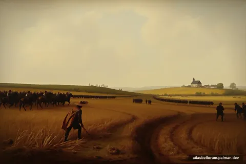 Ilustrasi lanskap medan Pertempuran Breitenfeld Pertama (Mesiu Awal, 1631 M).