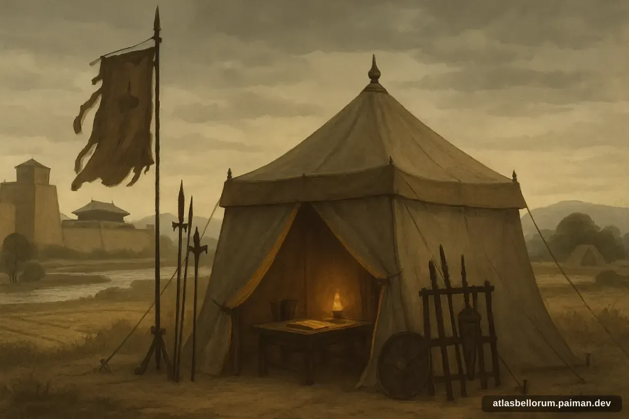 Ilustrasi simbolik Cao Cao: tenda komando & panji zamannya.