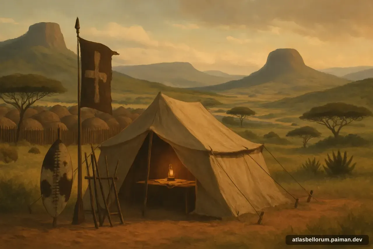 Ilustrasi simbolik Cetshwayo kaMpande: tenda komando & panji zamannya.