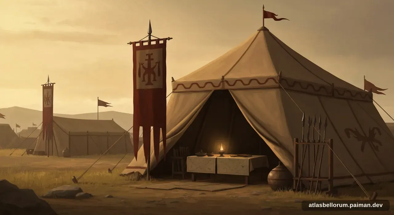 Ilustrasi simbolik Darius III: tenda komando & panji zamannya.