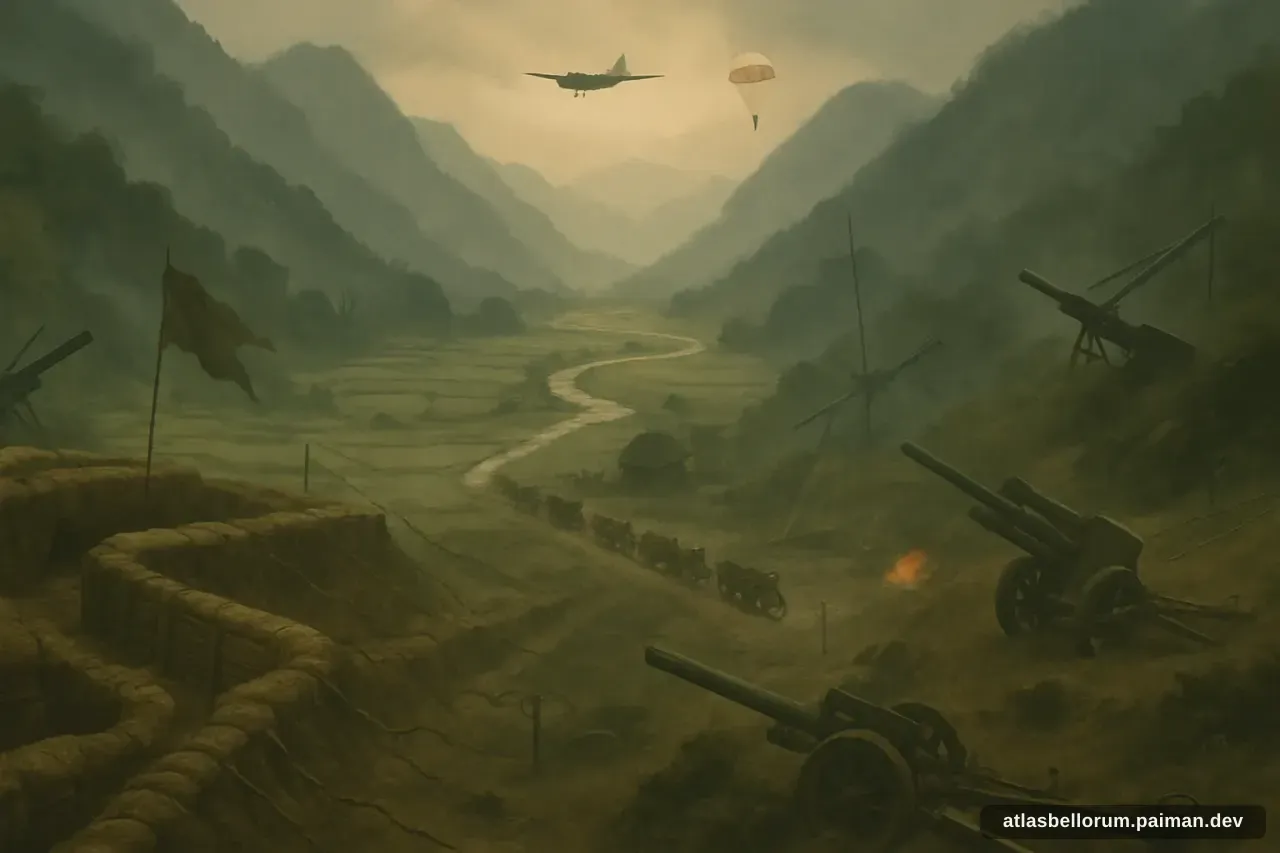 Ilustrasi medan pasca-pertempuran dan dampak Pertempuran Dien Bien Phu.