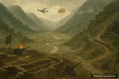 Ilustrasi lanskap medan Pertempuran Dien Bien Phu (Nuklir & Modern, 1954 M).