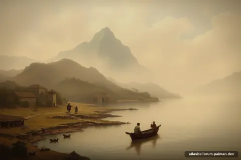 Ilustrasi lanskap medan Pertempuran Sungai Fei (Abad Pertengahan Awal, 383 M).