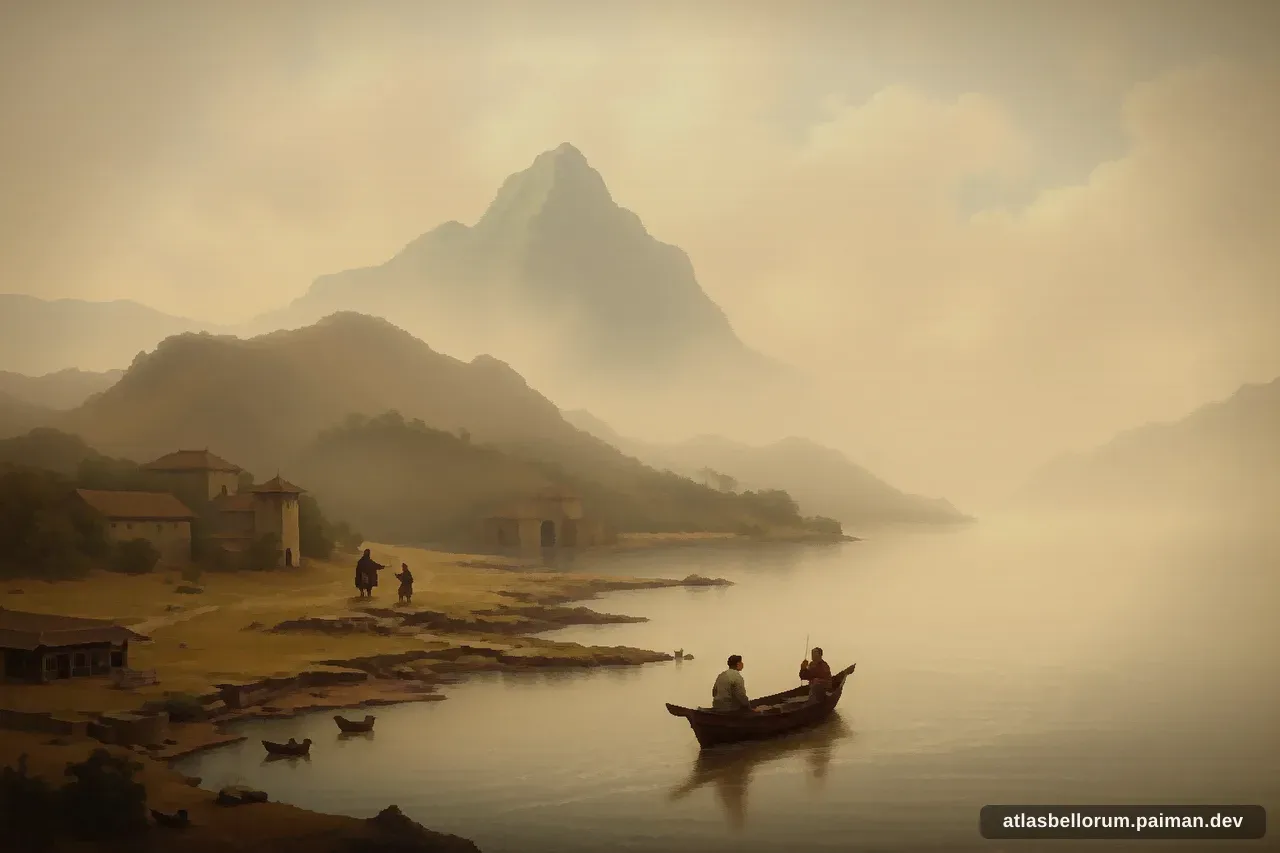 Ilustrasi lanskap medan Pertempuran Sungai Fei (Abad Pertengahan Awal, 383 M).
