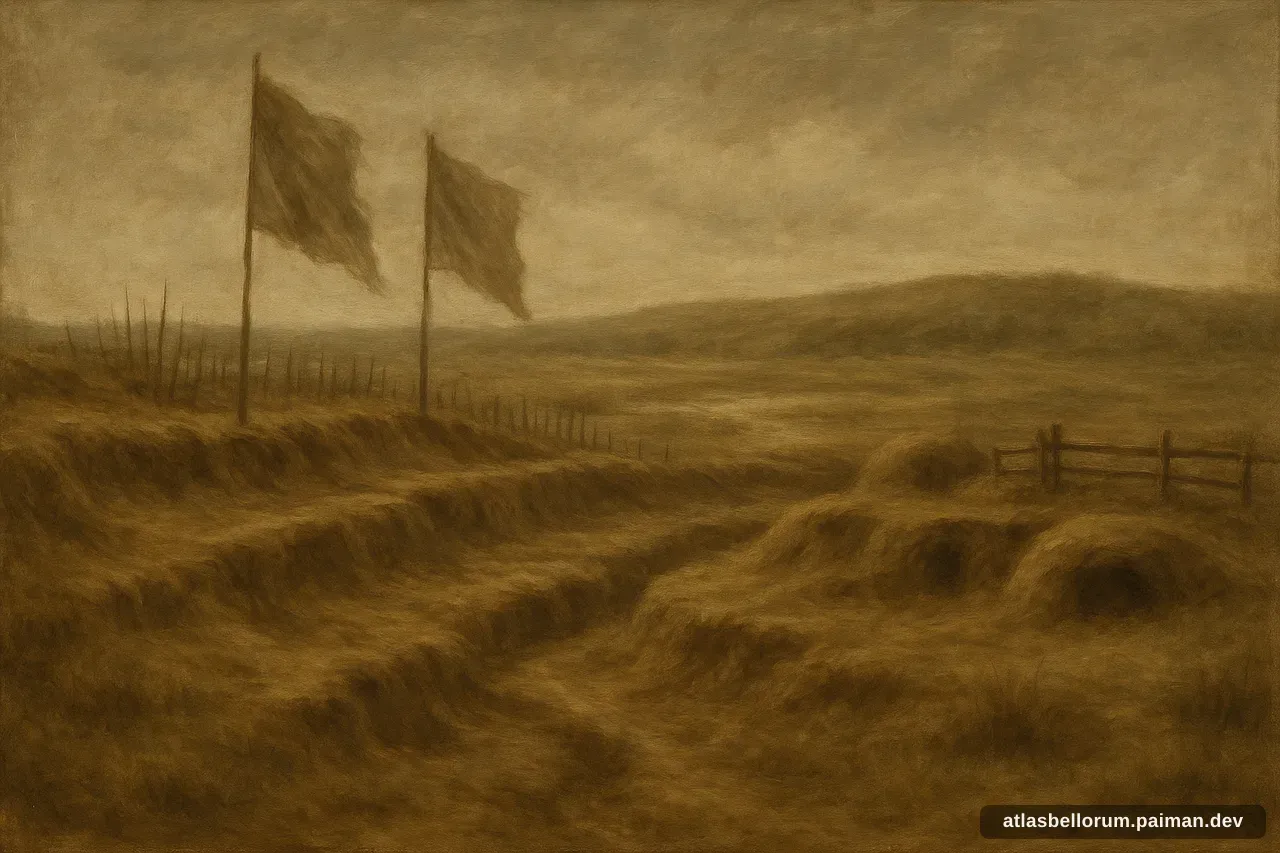 Ilustrasi lanskap medan Pertempuran Gate Pā (Industrialisasi, 1864 M).