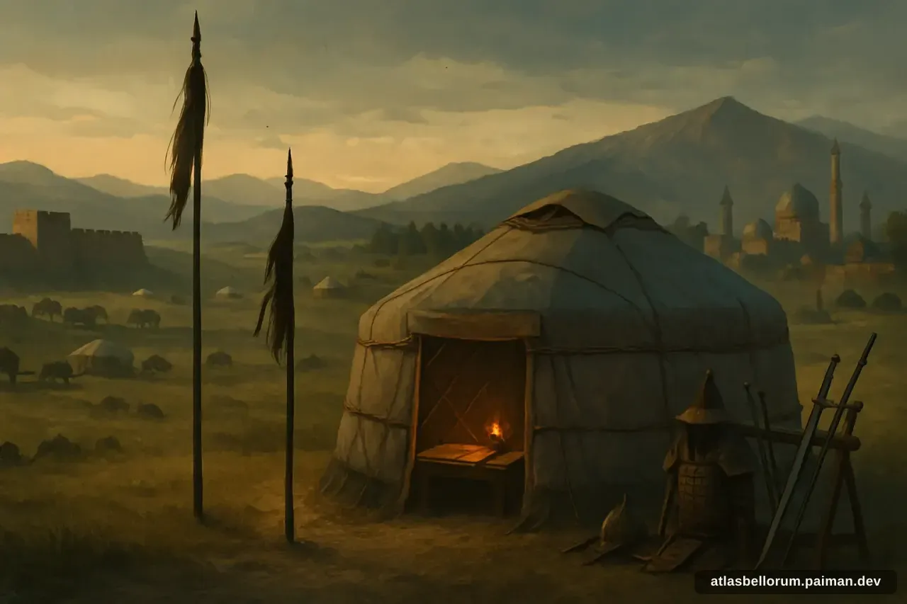 Ilustrasi simbolik Genghis Khan (Temüjin): tenda komando & panji zamannya.