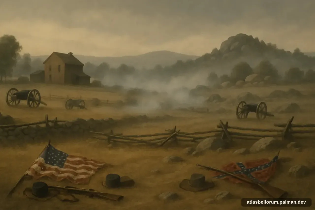 Ilustrasi medan pasca-pertempuran dan dampak Pertempuran Gettysburg.