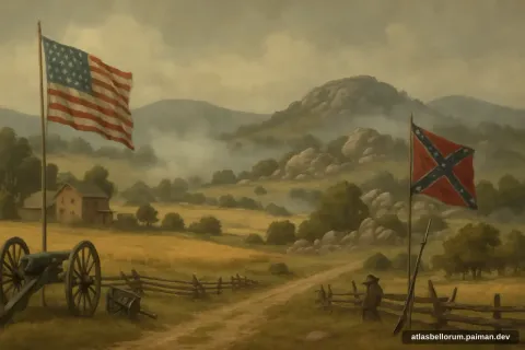 Ilustrasi lanskap medan Pertempuran Gettysburg (Industrialisasi, 1863 M).