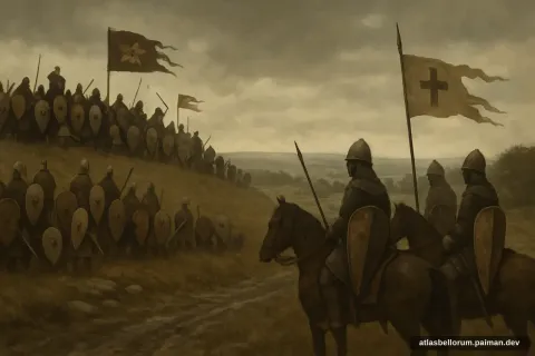 Ilustrasi lanskap medan Pertempuran Hastings (Abad Pertengahan Tinggi, 1066 M).