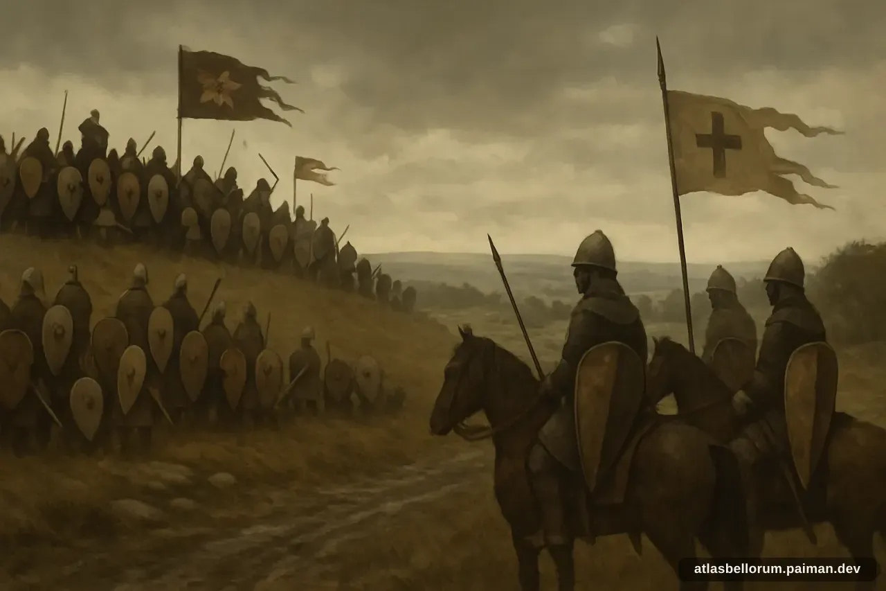 Ilustrasi lanskap medan Pertempuran Hastings (Abad Pertengahan Tinggi, 1066 M).