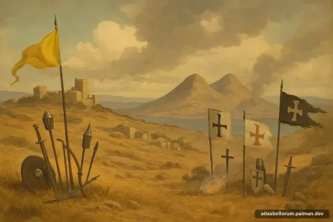 Ilustrasi lanskap medan Pertempuran Hattin (Abad Pertengahan Tinggi, 1187 M).
