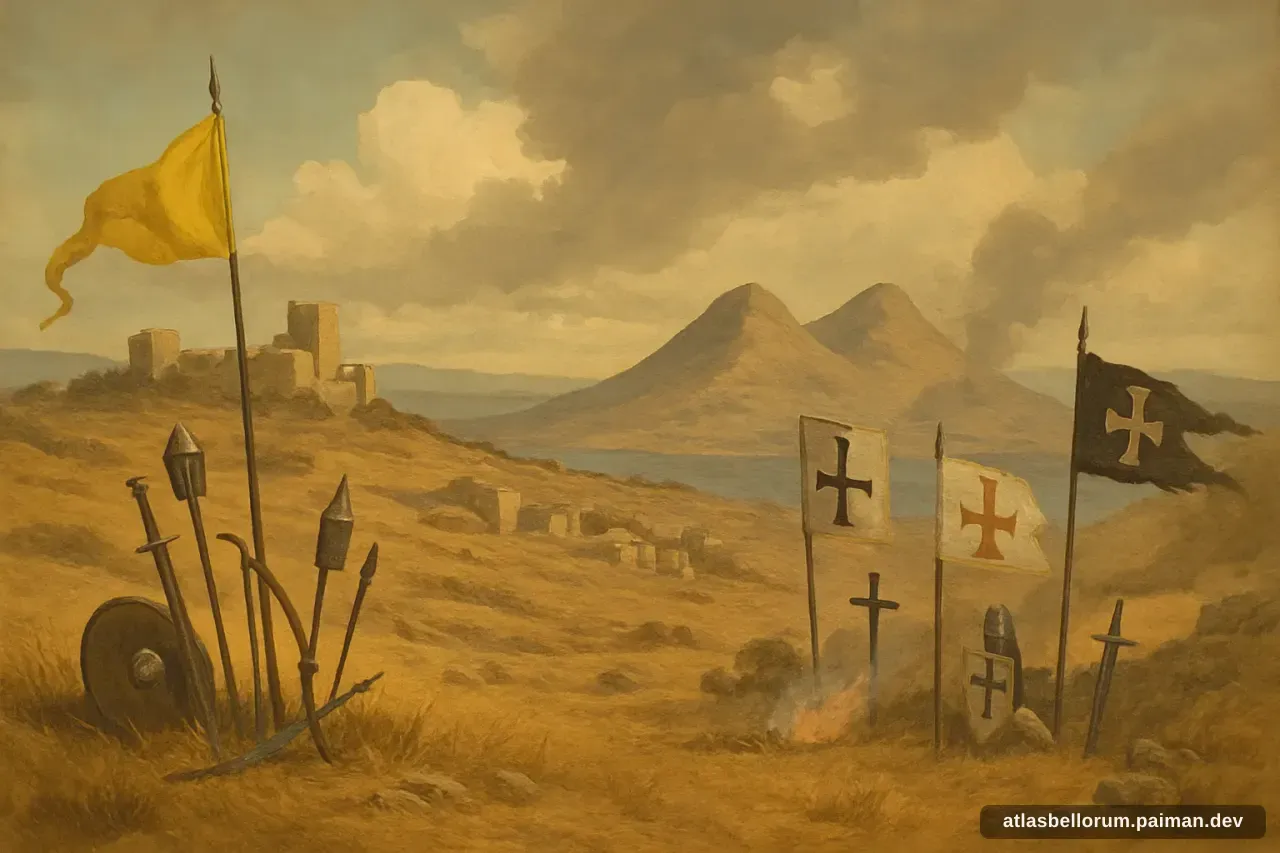 Ilustrasi lanskap medan Pertempuran Hattin (Abad Pertengahan Tinggi, 1187 M).
