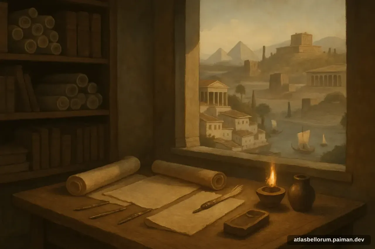 Ilustrasi simbolik Herodotus: meja kerja & naskah zamannya.