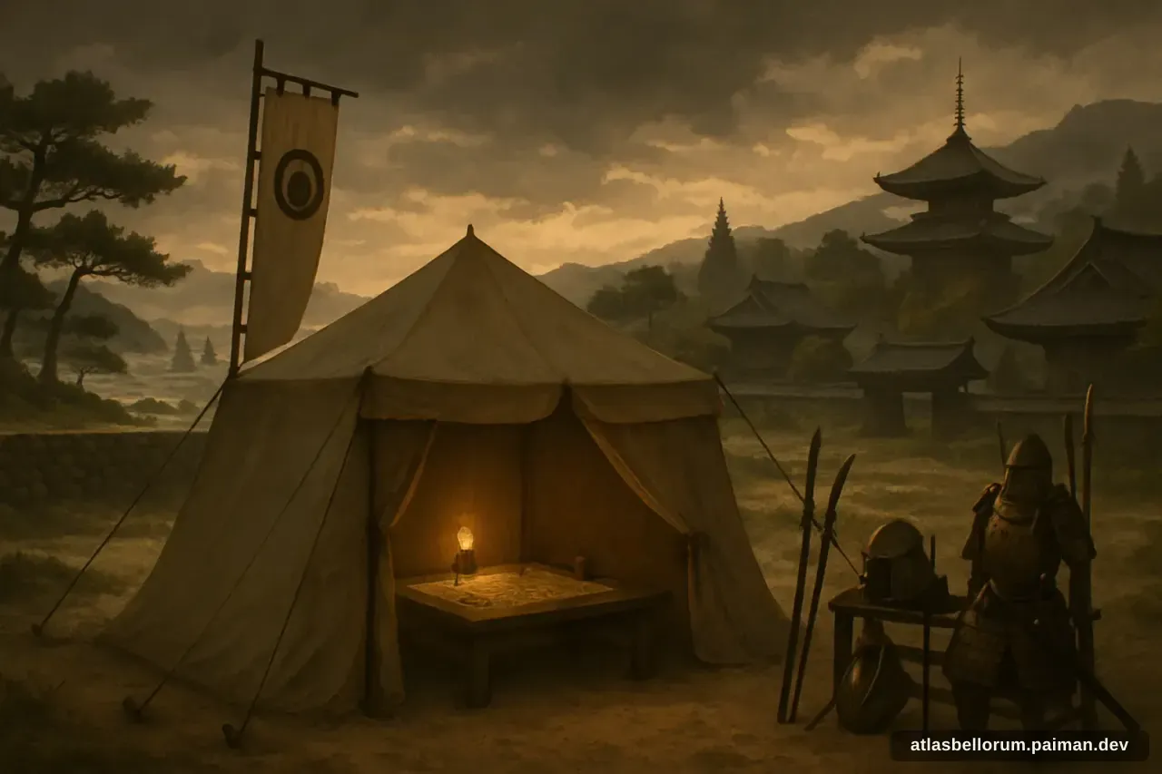 Ilustrasi simbolik Hōjō Tokimune: tenda komando & panji zamannya.