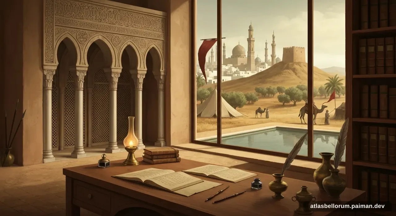 Ilustrasi simbolik Ibn Khaldun: meja kerja & naskah zamannya.