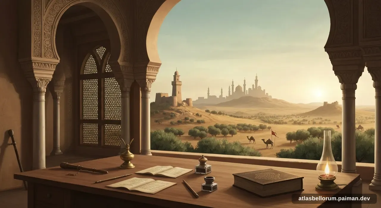 Ilustrasi simbol warisan keilmuan Ibn Khaldun.