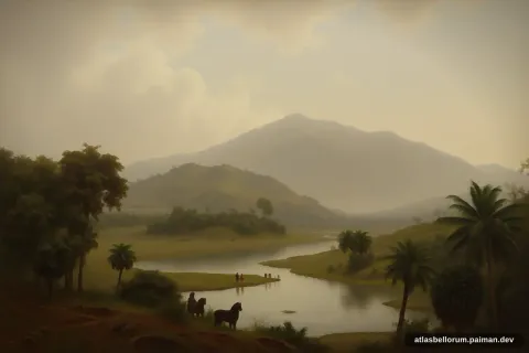 Ilustrasi lanskap medan Invasi Mongol ke Jawa (Abad Pertengahan Tinggi, 1293 M).