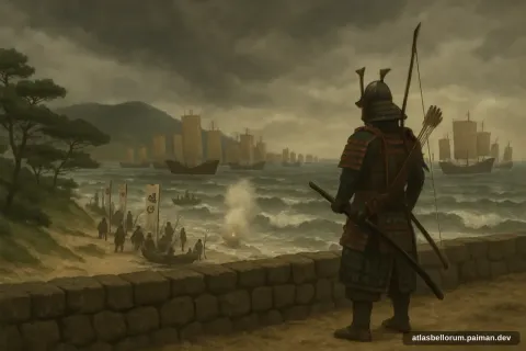 Ilustrasi lanskap medan Invasi Mongol ke Jepang (Abad Pertengahan Tinggi, 1281 M).