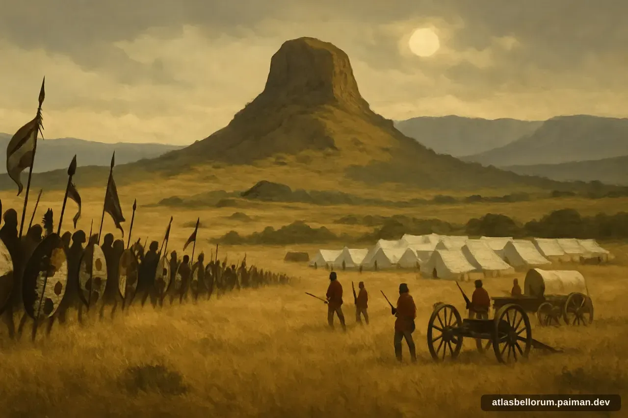Ilustrasi lanskap medan Pertempuran Isandlwana (Industrialisasi, 1879 M).