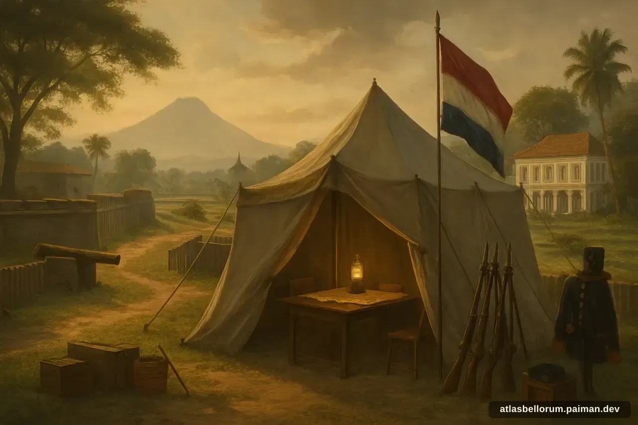 Ilustrasi simbolik Jenderal Hendrik Merkus de Kock: tenda komando & panji zamannya.