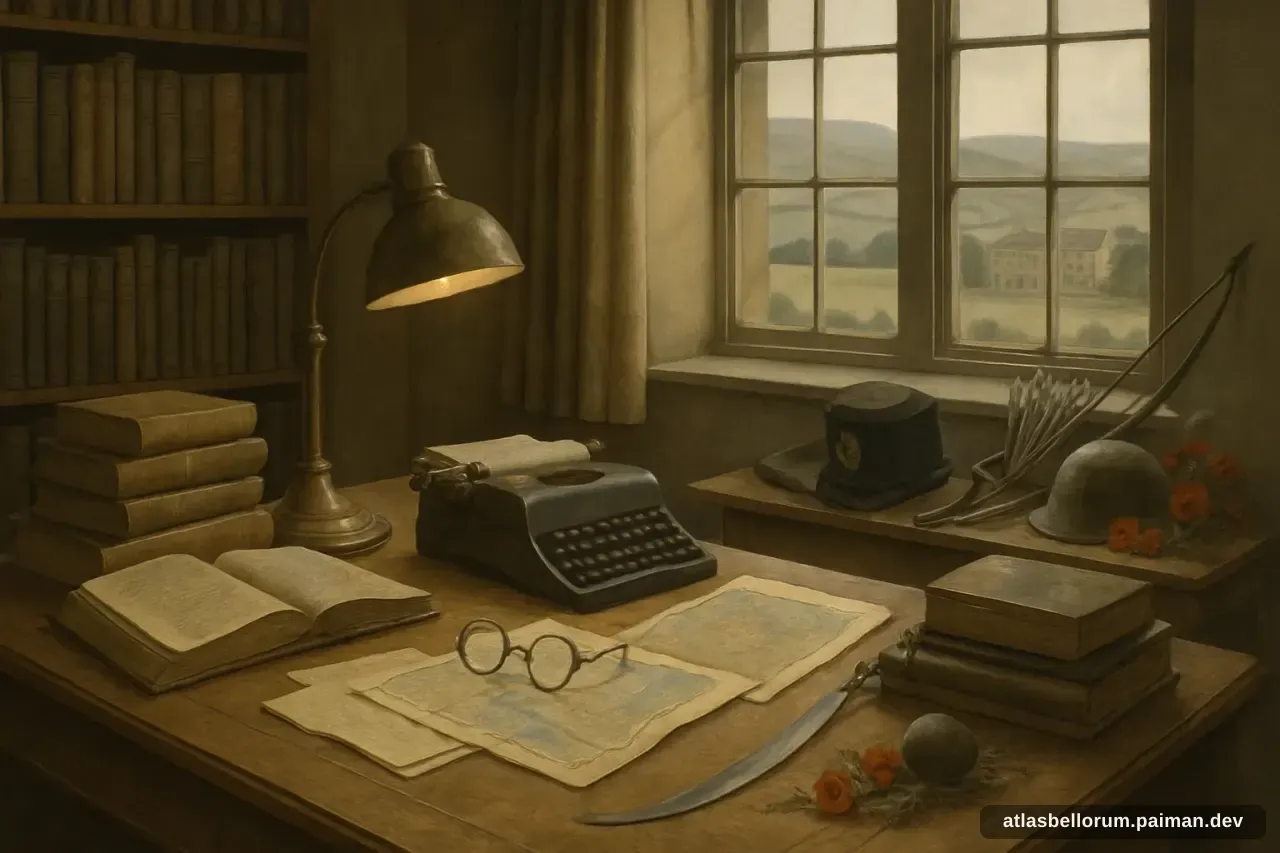 Ilustrasi simbolik John Keegan: meja kerja & naskah zamannya.