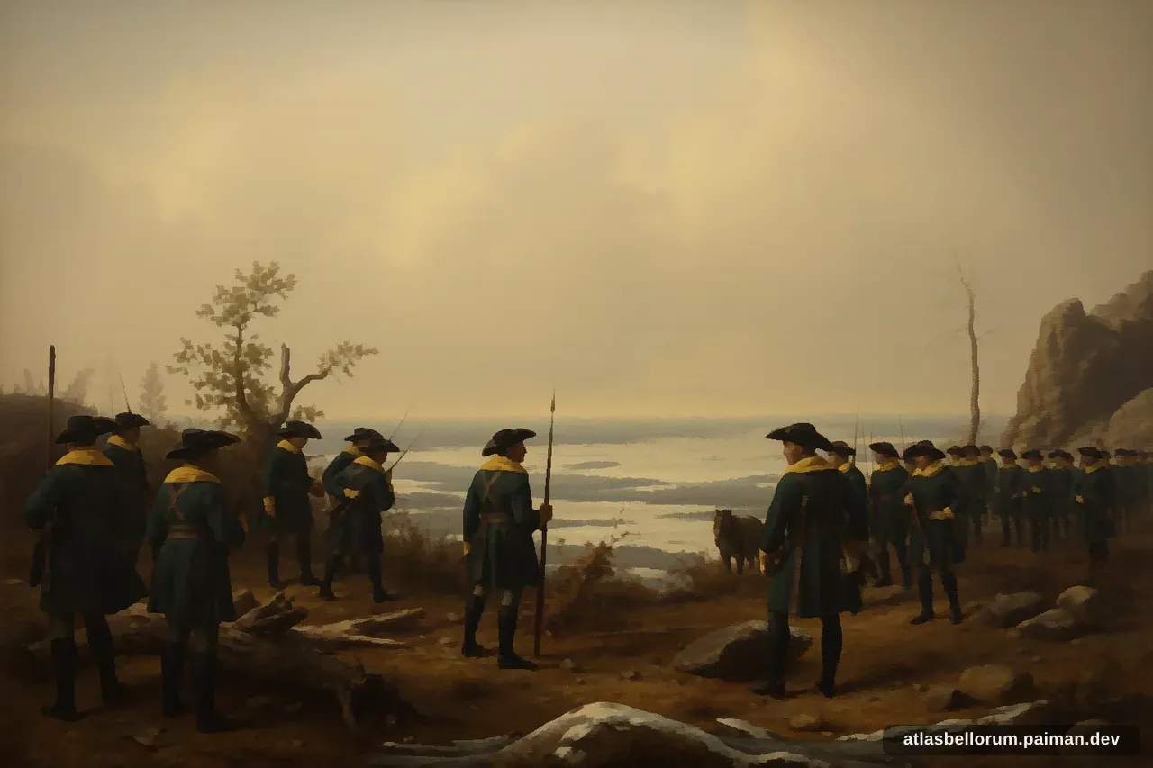 Ilustrasi simbolik Karl XII: tenda komando & panji zamannya.