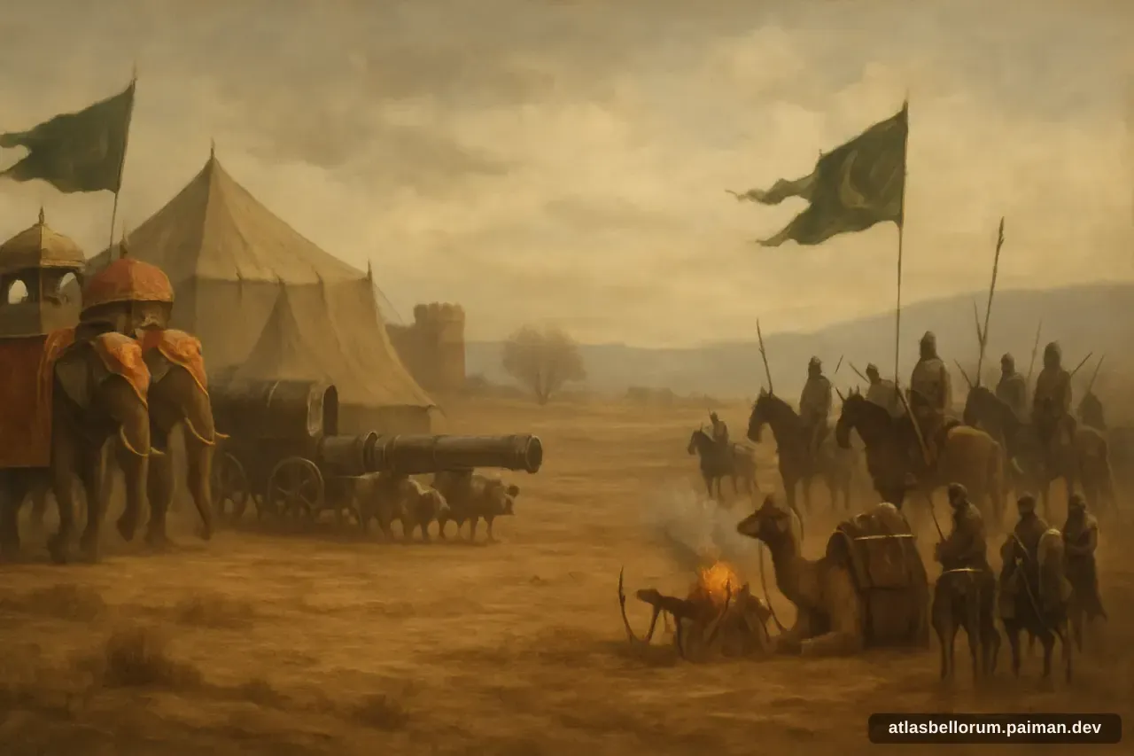 Ilustrasi lanskap medan Pertempuran Karnal (Mesiu Awal, 1739 M).