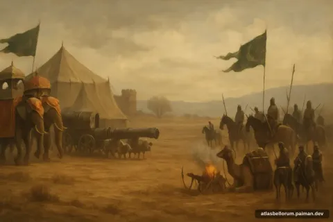 Ilustrasi lanskap medan Pertempuran Karnal (Mesiu Awal, 1739 M).