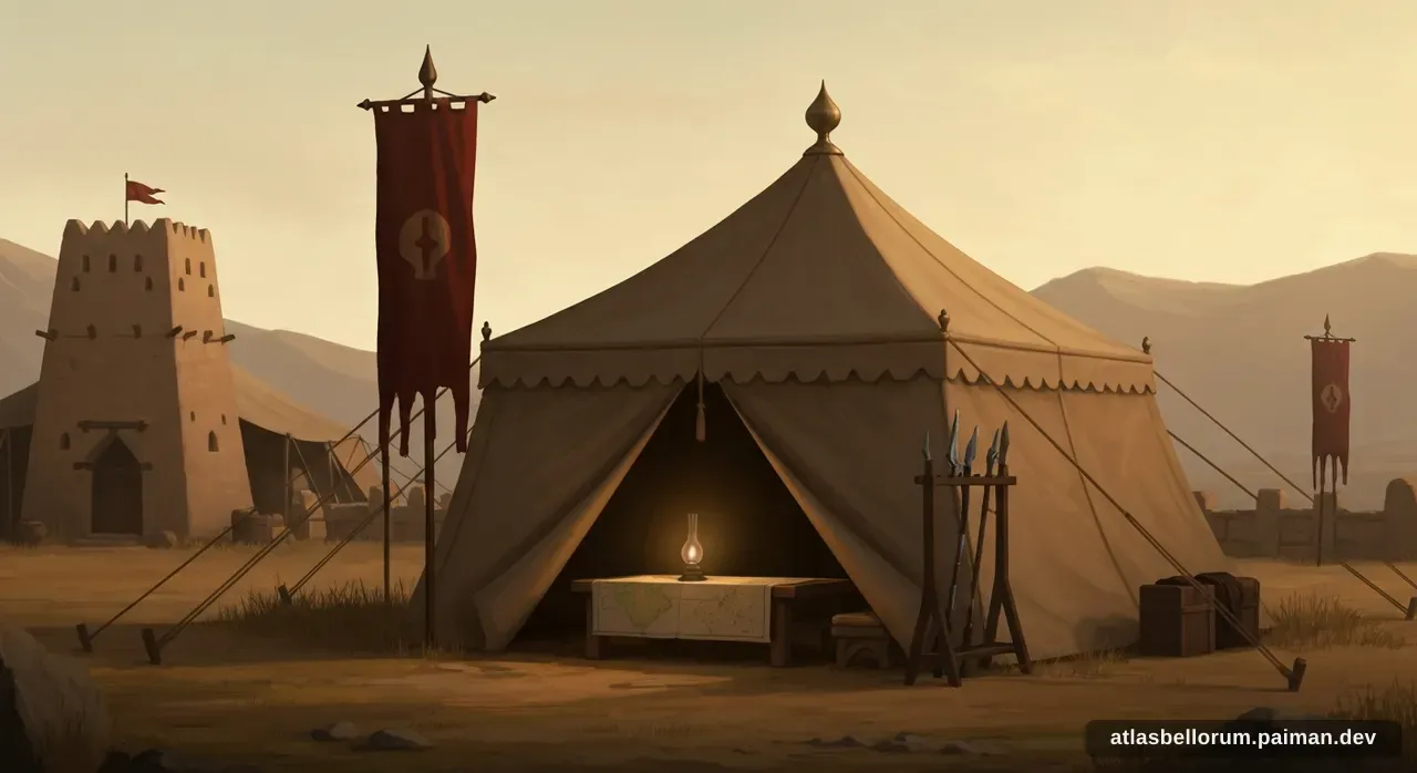 Ilustrasi simbolik Khalid bin Walid: tenda komando & panji zamannya.