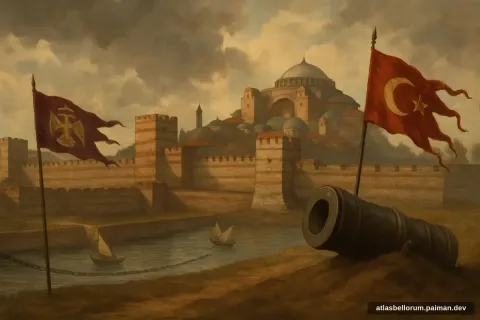 Ilustrasi lanskap medan Jatuhnya Konstantinopel (Mesiu Awal, 1453 M).
