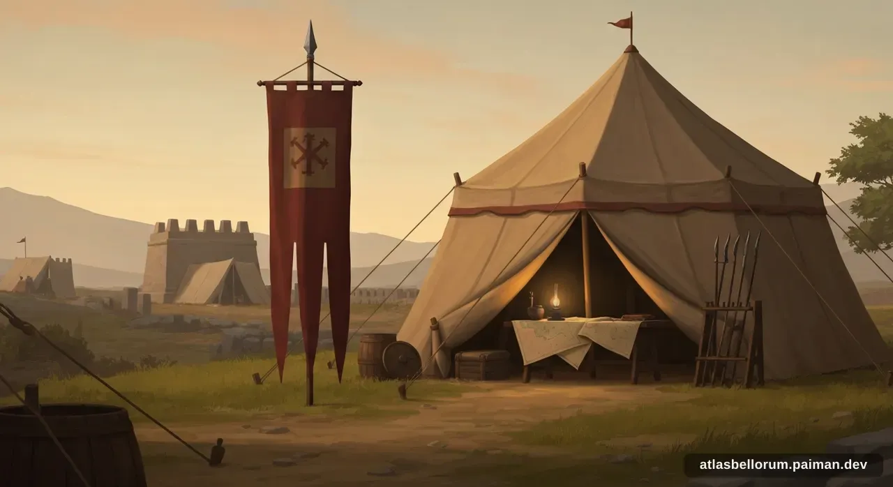 Ilustrasi simbolik Konstantinus XI Palaiologos: tenda komando & panji zamannya.