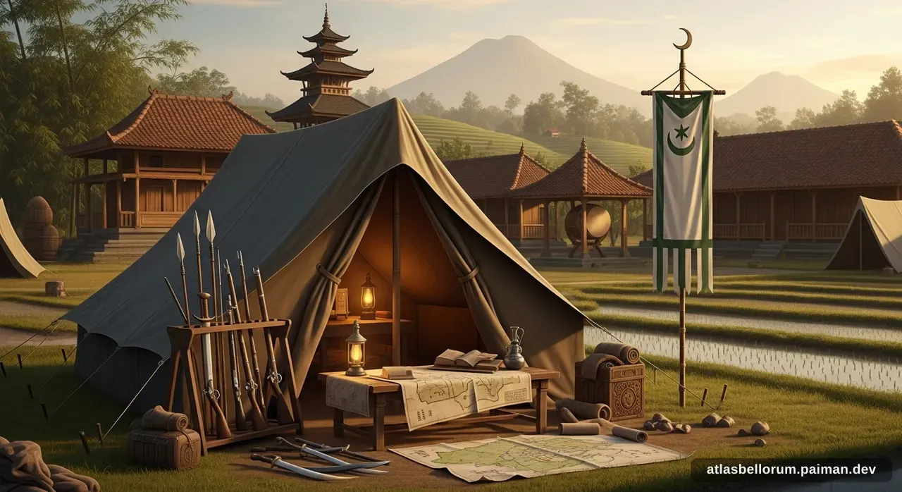 Ilustrasi simbolik Kyai Mojo: tenda komando & panji zamannya.