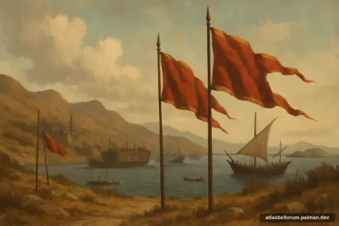 Ilustrasi lanskap medan Pertempuran Lepanto (Mesiu Awal, 1571 M).