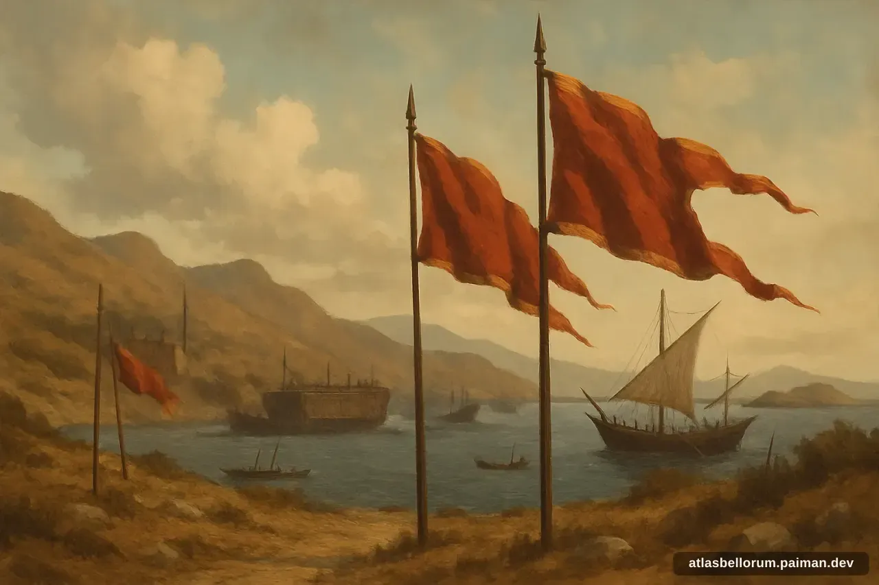 Ilustrasi lanskap medan Pertempuran Lepanto (Mesiu Awal, 1571 M).