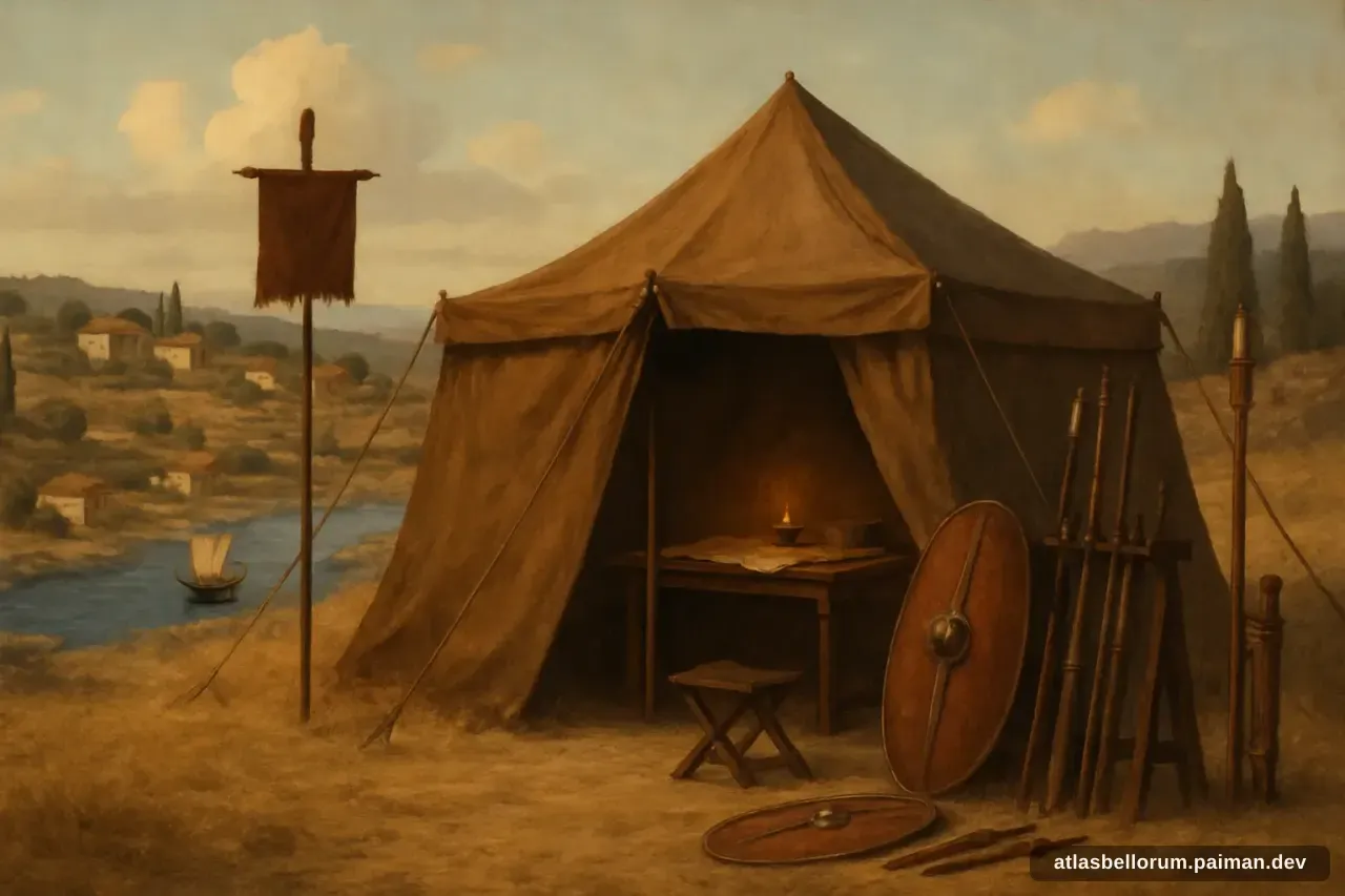 Ilustrasi simbolik Lucius Aemilius Paullus: tenda komando & panji zamannya.