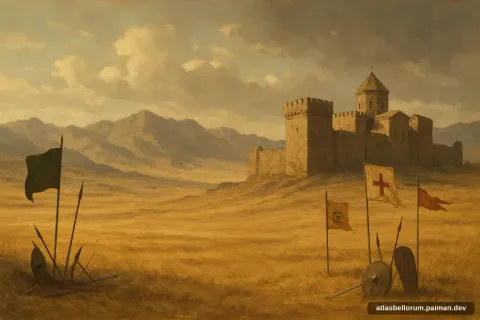 Ilustrasi lanskap medan Pertempuran Manzikert (Abad Pertengahan Tinggi, 1071 M).
