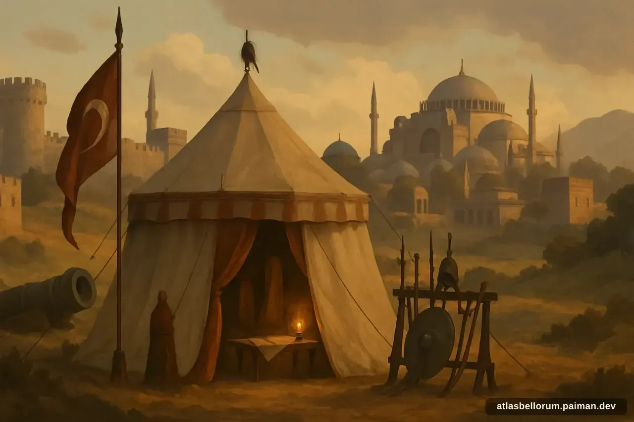 Ilustrasi simbolik Mehmed II Sang Penakluk: tenda komando & panji zamannya.