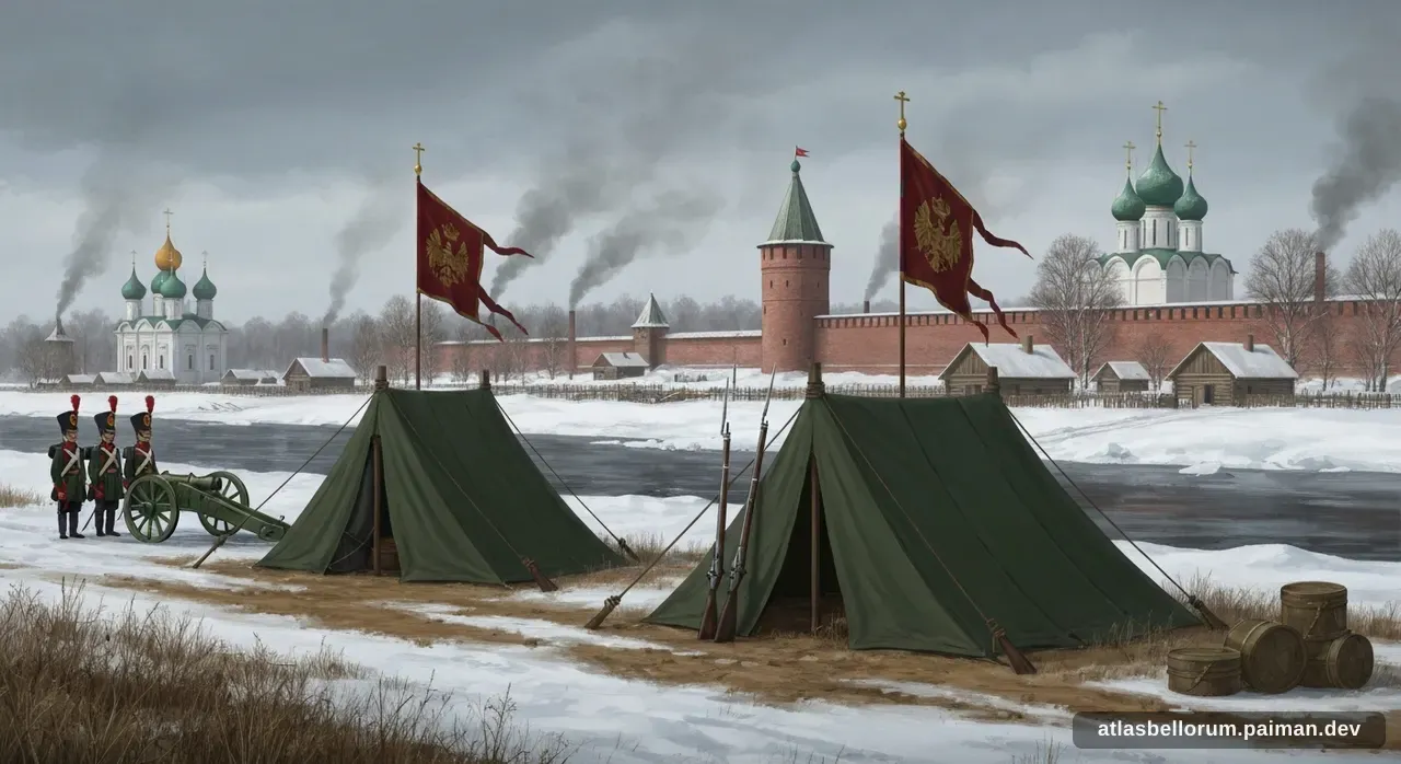 Ilustrasi simbolik Mikhail Illarionovich Golenishchev-Kutuzov: tenda komando & panji zamannya.
