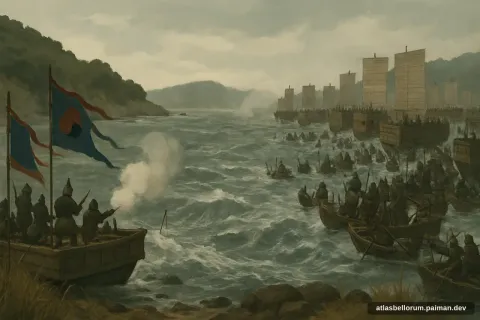 Ilustrasi lanskap medan Pertempuran Myeongnyang (Mesiu Awal, 1597 M).