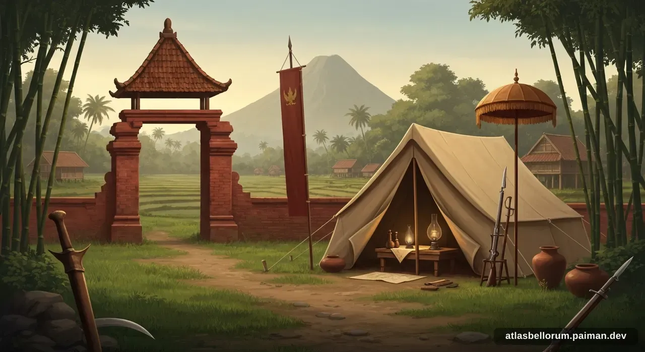 Ilustrasi simbolik Pangeran Diponegoro: tenda komando & panji zamannya.
