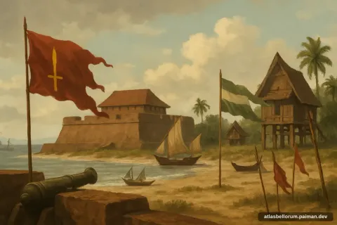 Ilustrasi lanskap medan Perang Makassar (Mesiu Awal, 1666 M).
