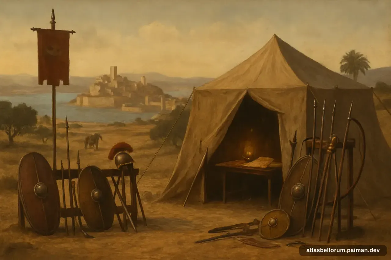 Ilustrasi simbolik Publius Cornelius Scipio Africanus: tenda komando & panji zamannya.
